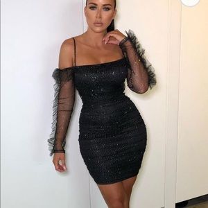 Black Sparkly Glitter Bardot Bodycon Mini Dress